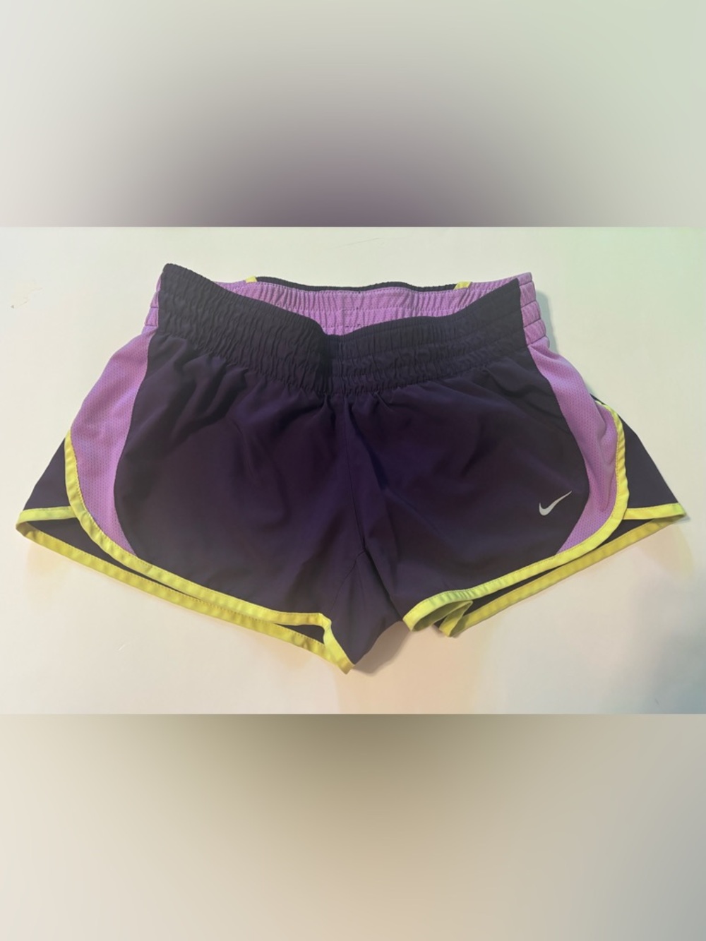 Nike Women's Purple Athletic Shorts with Yellow Trim